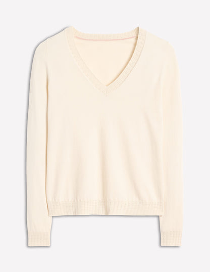 Emilia Cotton V Neck Jumper-Warm Ivory