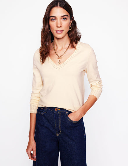 Emilia Cotton V-Neck Jumper-Warm Ivory