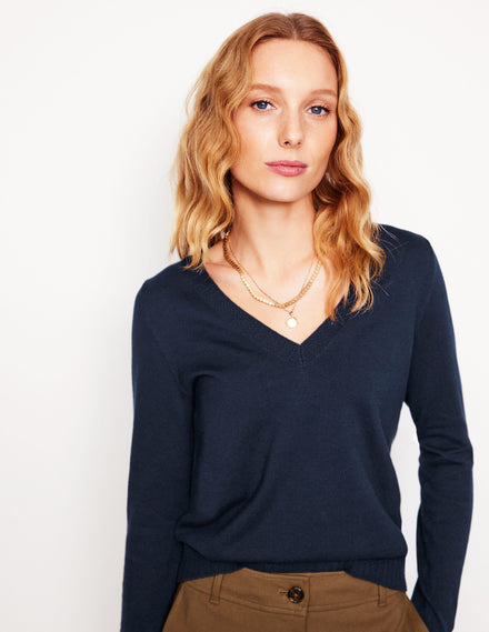 Emilia Cotton V-Neck Jumper-Navy