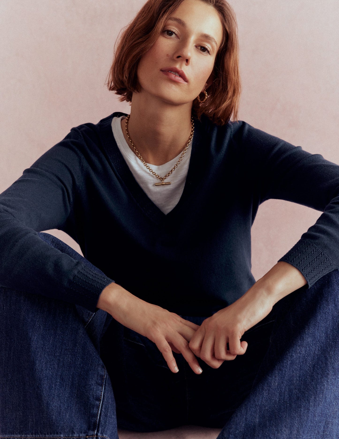 Emilia Cotton V-Neck Jumper-Navy