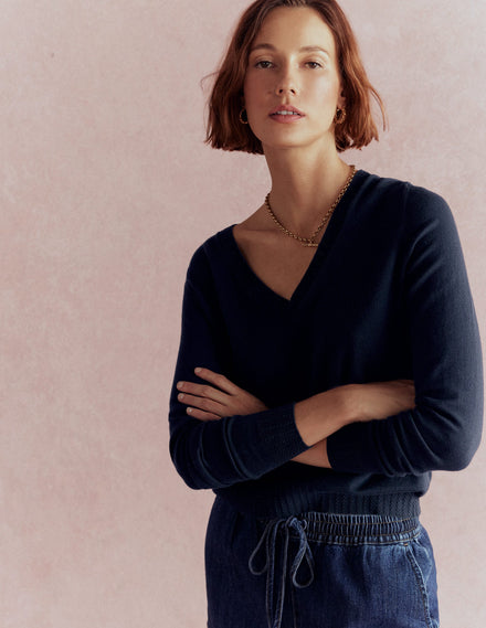 Emilia Cotton V-Neck Jumper-Navy