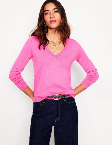 Emilia Cotton V-Neck Jumper-Tickled Pink