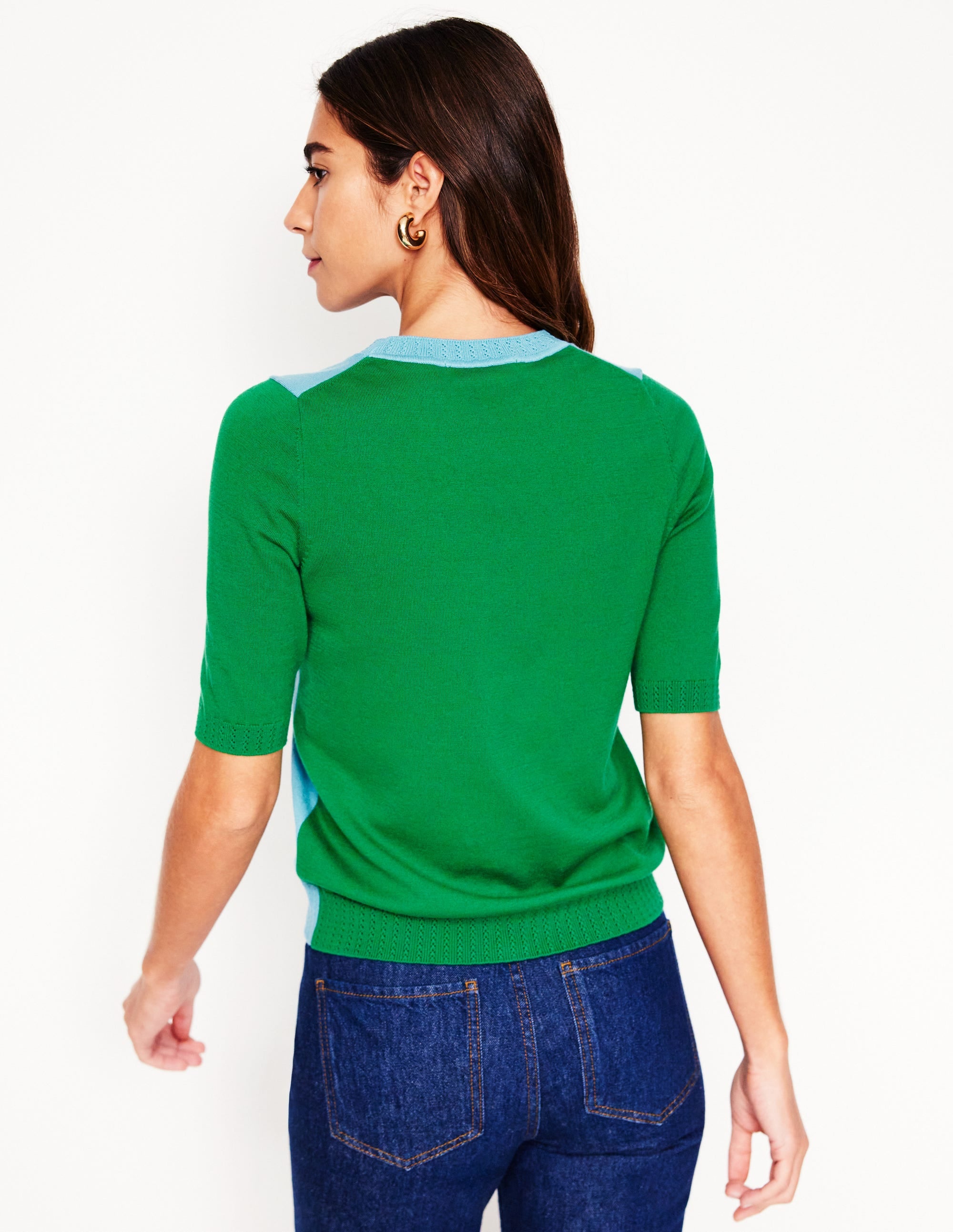 Emilia Cotton Crew T-shirt-Duck Egg Blue / Rich Emerald - Image 3