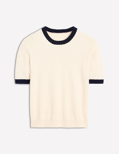 Emilia Cotton Crew T-shirt-Warm Ivory, Navy