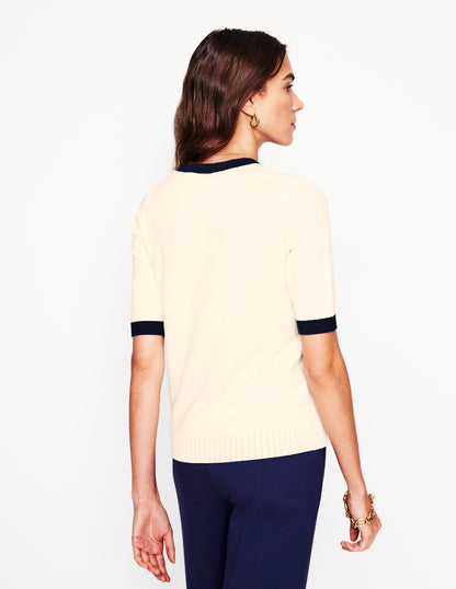 Emilia Cotton Crew T-shirt-Warm Ivory, Navy