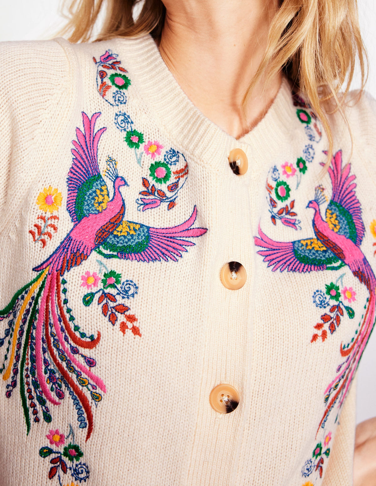Embroidered Crew Neck Cardigan-Warm Ivory, Peacock - Image 3