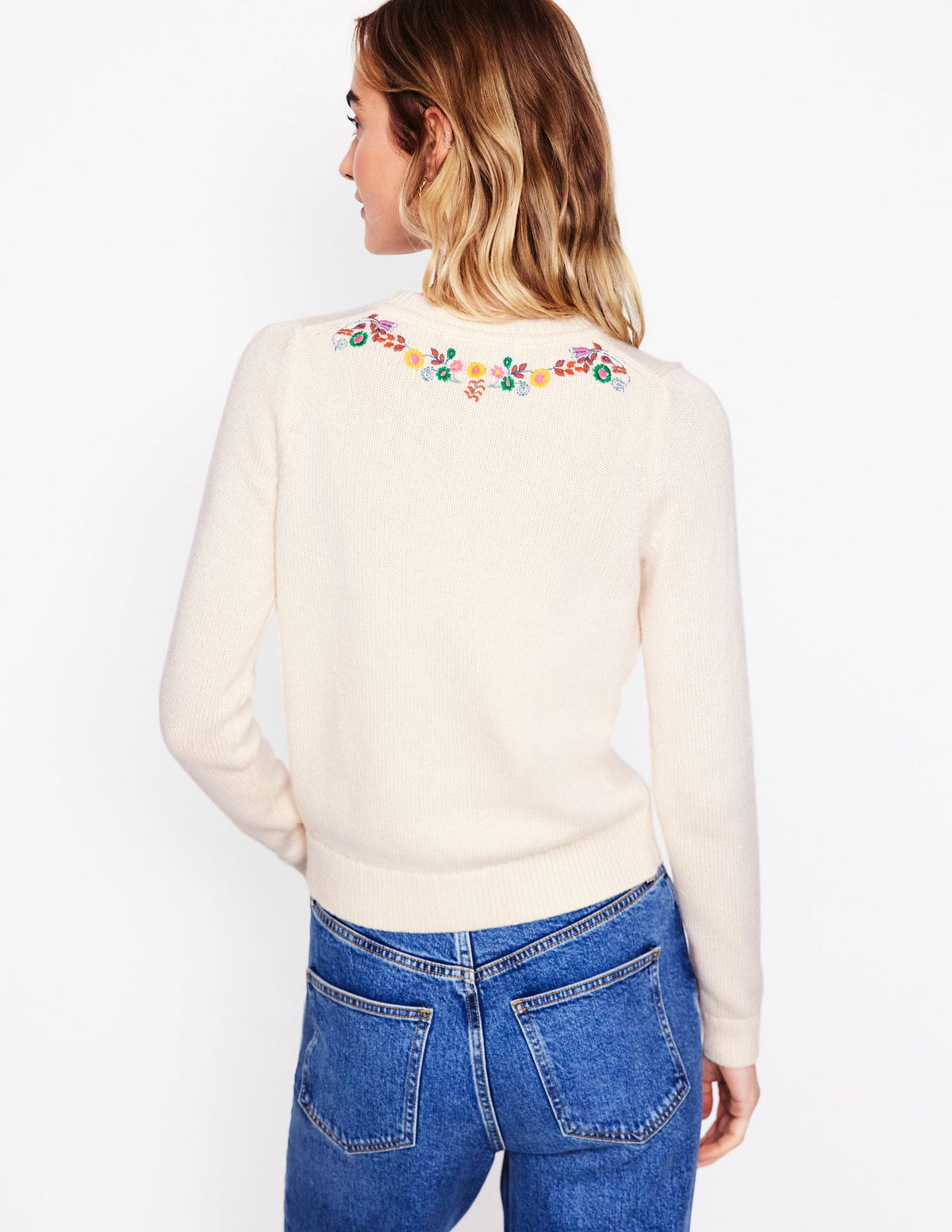 Embroidered Crew Neck Cardigan-Warm Ivory, Peacock - Image 4