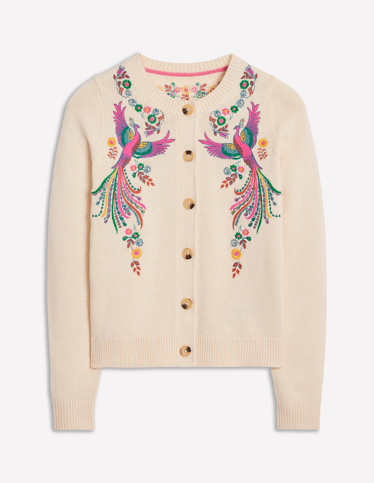 Embroidered Crew Neck Cardigan-Warm Ivory, Peacock - Image 6