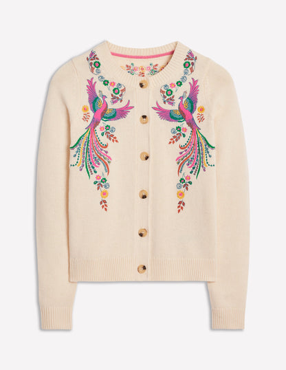 Embroidered Crew Neck Cardigan-Warm Ivory, Peacock