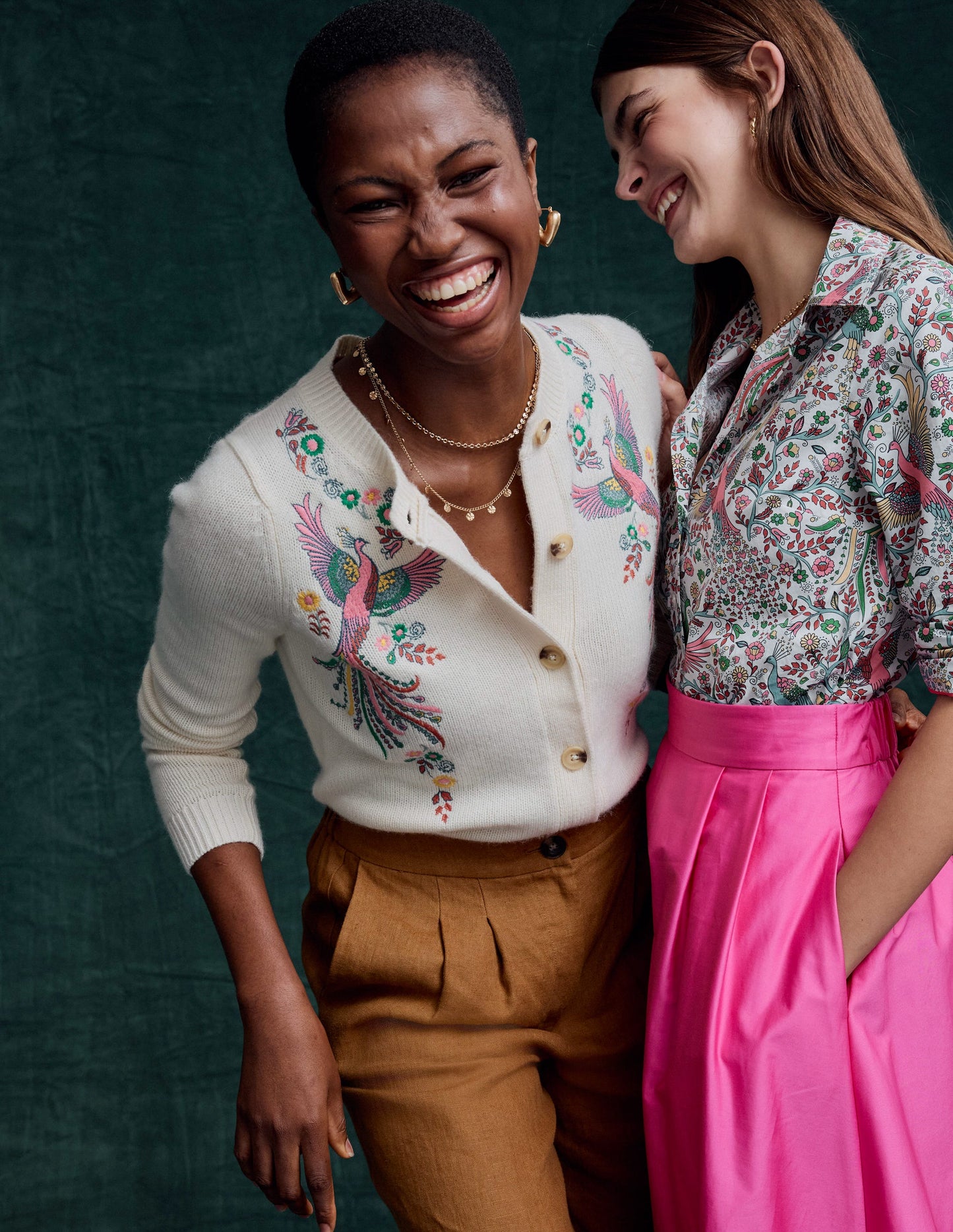 Embroidered Crew Neck Cardigan-Warm Ivory, Peacock