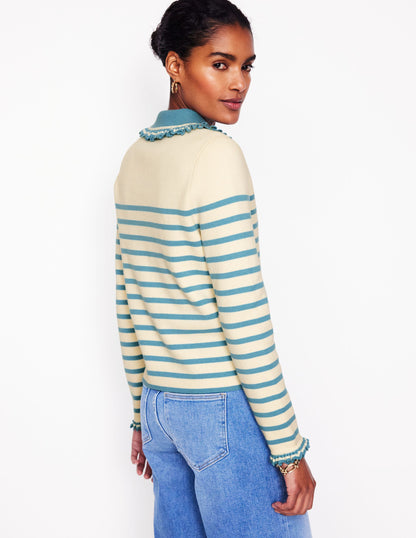 Jessie Frill Collared Cardigan-Ivory, Duck Egg Blue Stripe