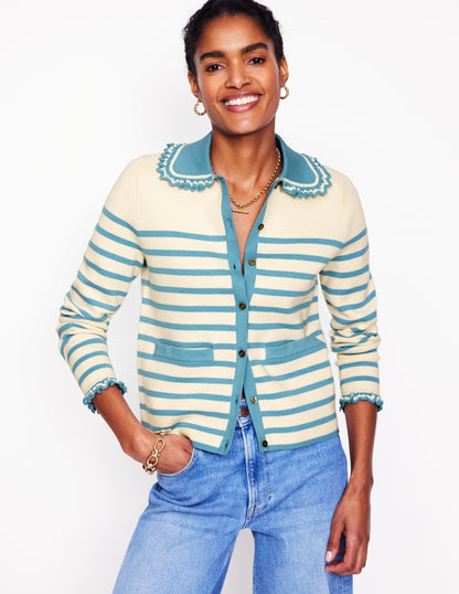 Jessie Frill Collared Cardigan-Ivory, Duck Egg Blue Stripe