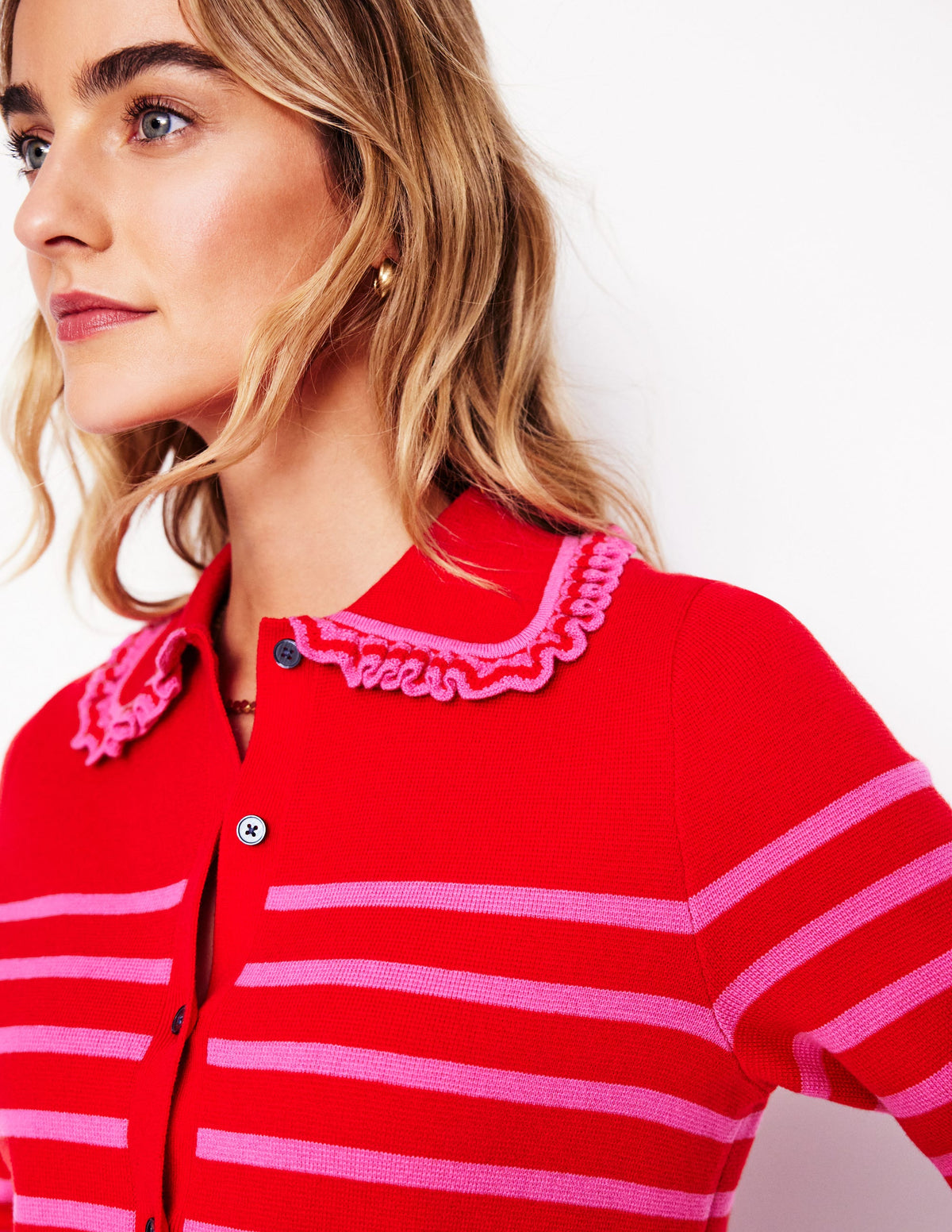 Jessie Frill Collared Cardigan-Poppy Red, Sorbet Pink Stripe - Image 2