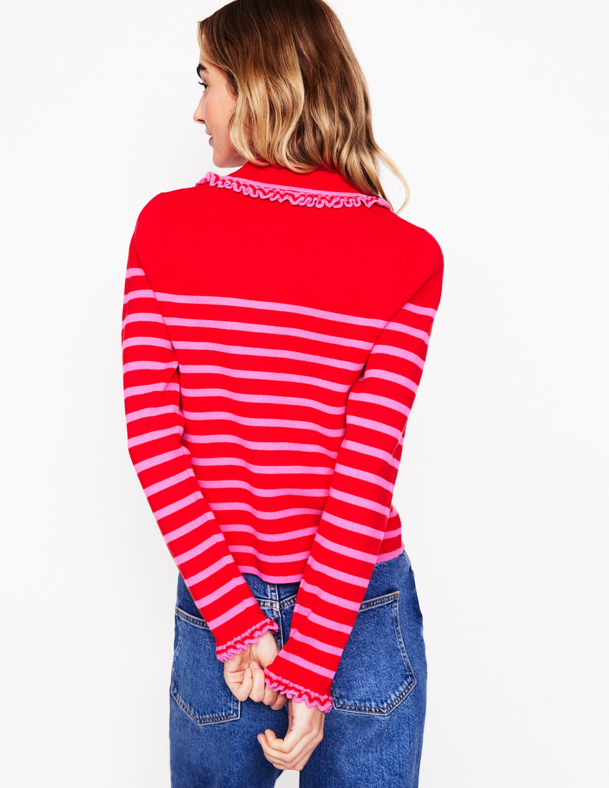 Jessie Frill Collared Cardigan-Poppy Red, Sorbet Pink Stripe - Image 3