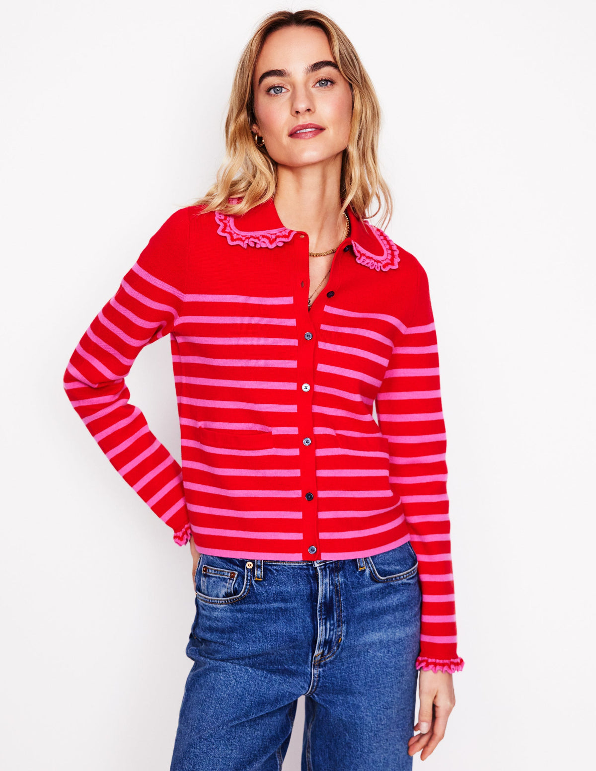 Jessie Frill Collared Cardigan-Poppy Red, Sorbet Pink Stripe - Image 4