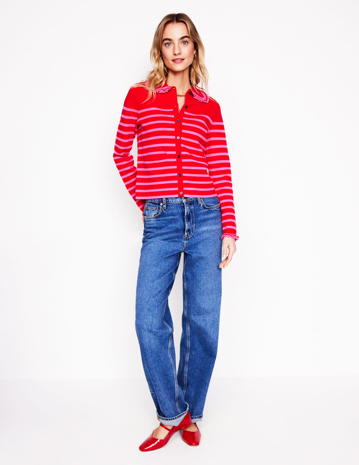 Jessie Frill Collared Cardigan-Poppy Red, Sorbet Pink Stripe - Image 5