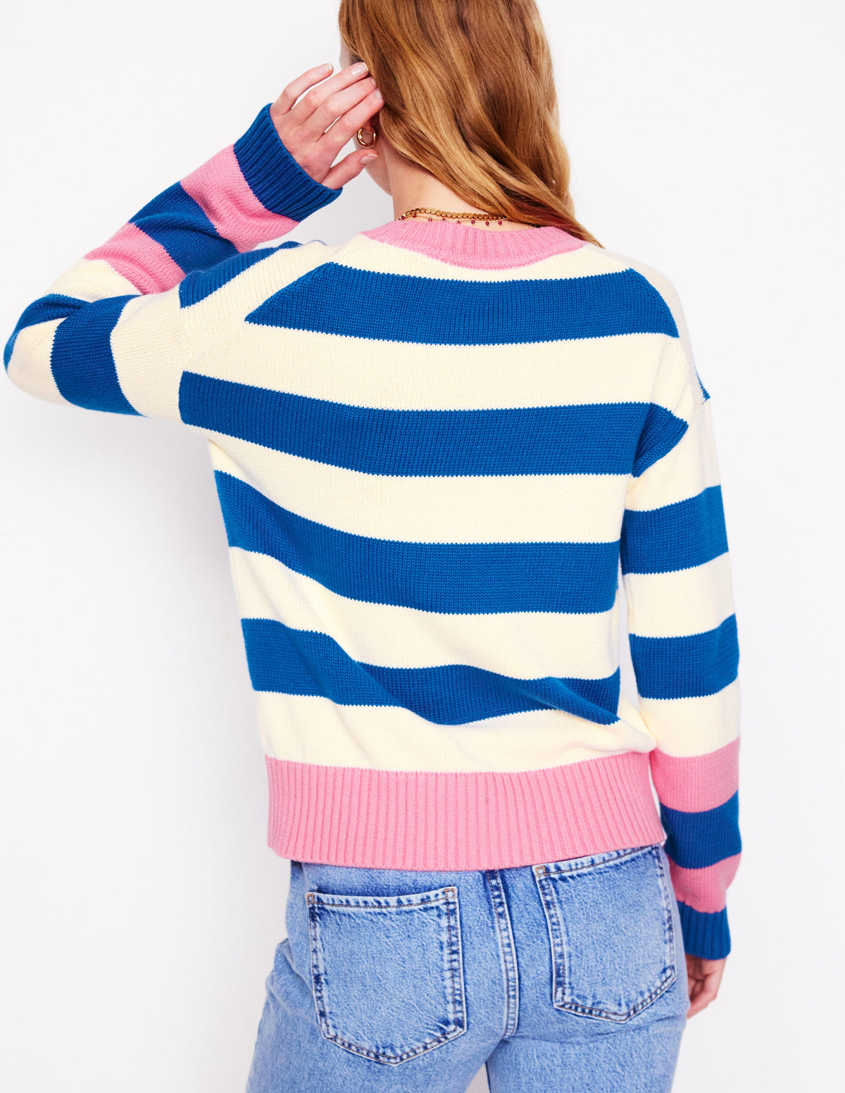 Lucinda Cotton Striped Jumper-Bright Blue, Pink Rose Cuff - Image 4