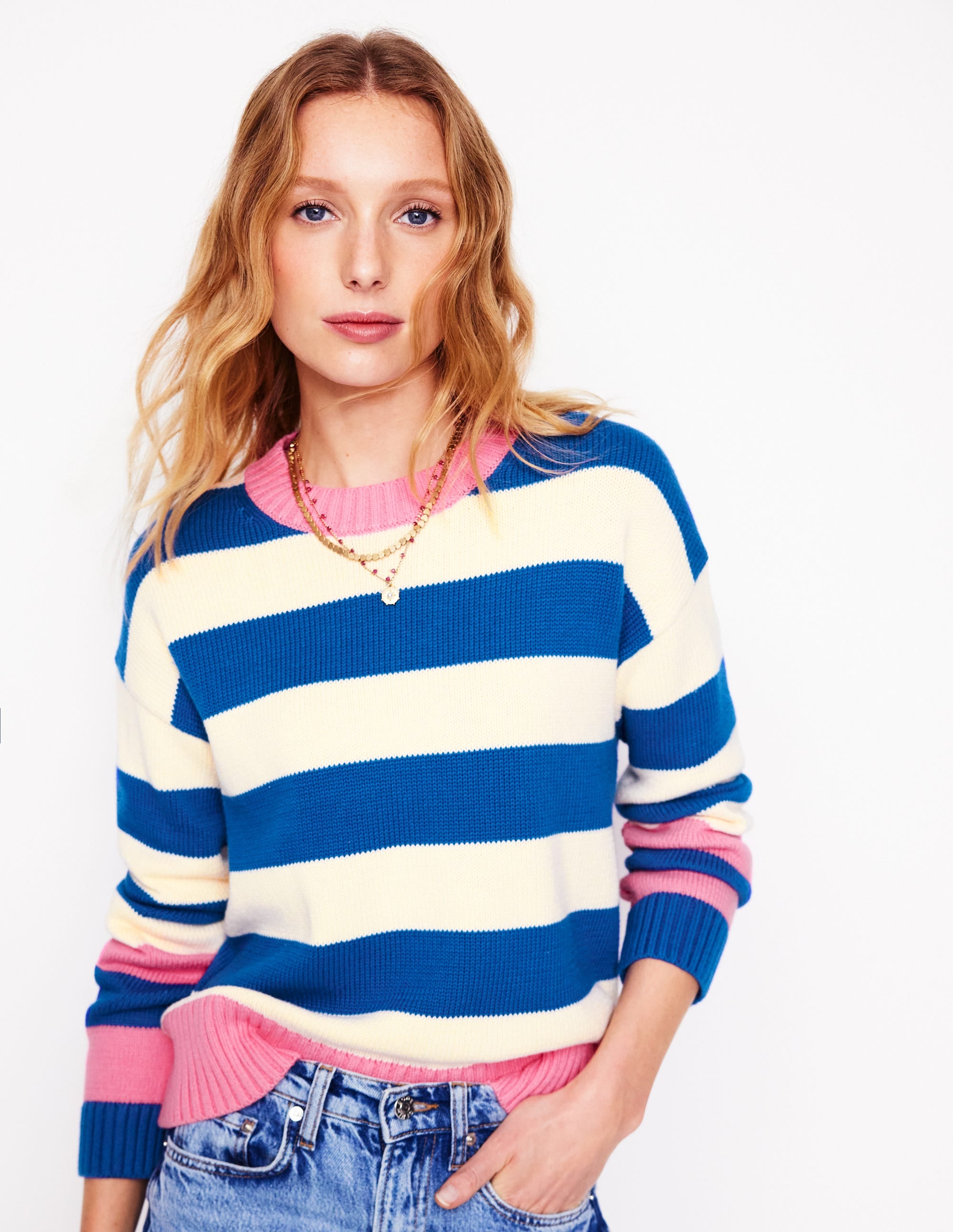 Lucinda Cotton Striped Jumper-Bright Blue, Pink Rose Cuff - Image 5