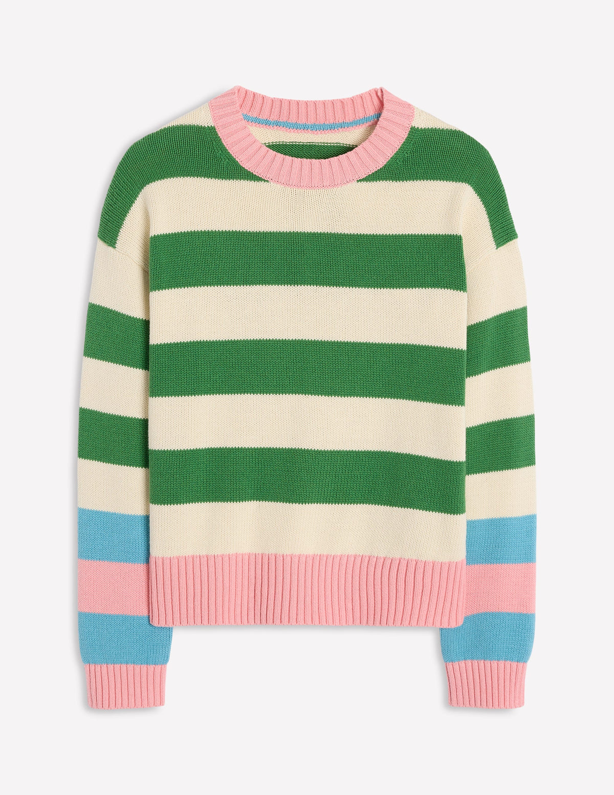 Lucinda Cotton Striped Jumper-Paradise Green, Pink Cuff - Image 5