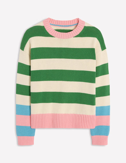 Lucinda Cotton Striped Jumper-Paradise Green, Pink Cuff