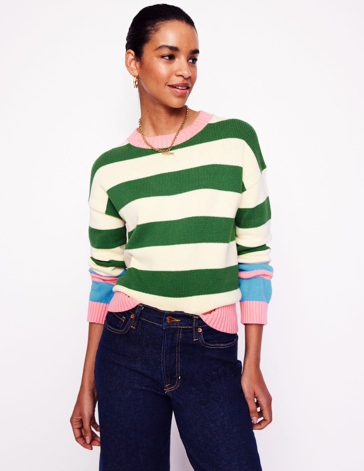 Lucinda Cotton Striped Jumper-Paradise Green, Pink Cuff - Image 1
