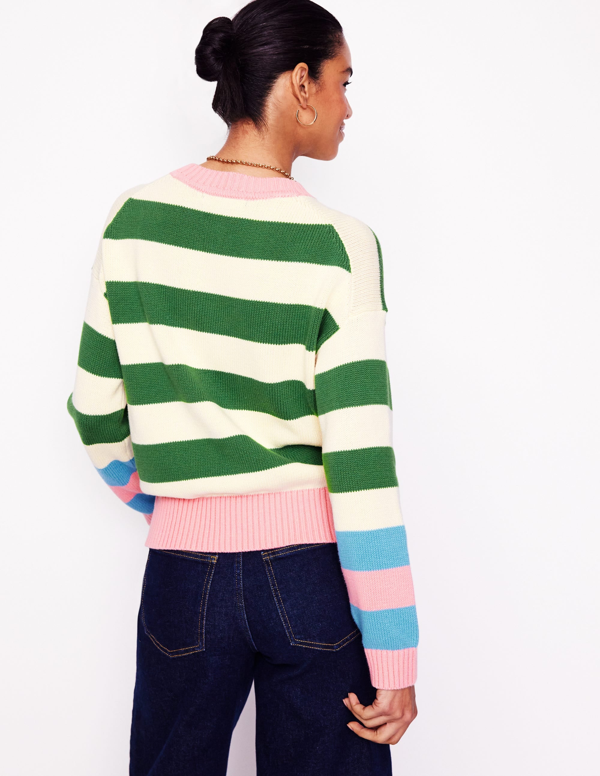 Lucinda Cotton Striped Jumper-Paradise Green, Pink Cuff - Image 3