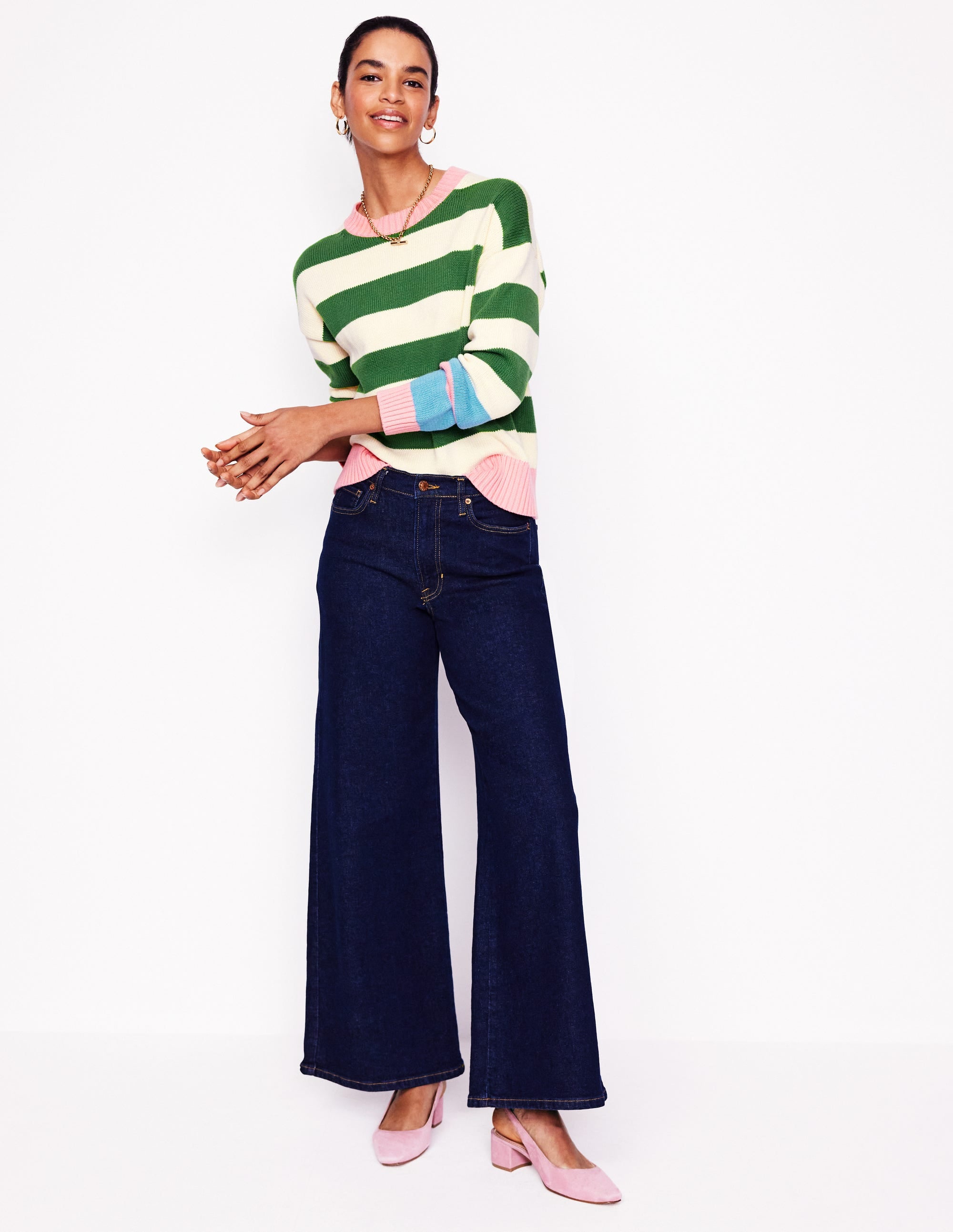 Lucinda Cotton Striped Jumper-Paradise Green, Pink Cuff - Image 4