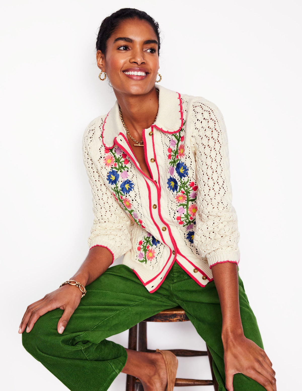 Embroidered Cotton Cardigan-Warm Ivory - Image 1