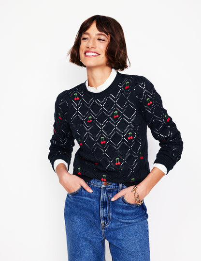 Enid Embroidered Jumper-Navy, Cherries