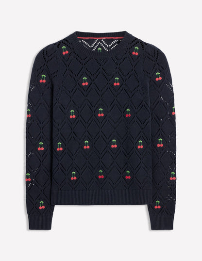 Enid Embroidered Jumper-Navy, Cherries