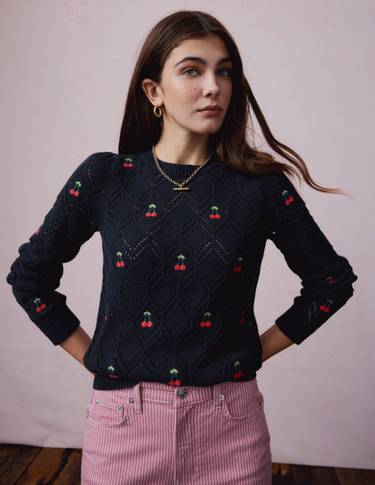 Enid Embroidered Jumper-Navy, Cherries