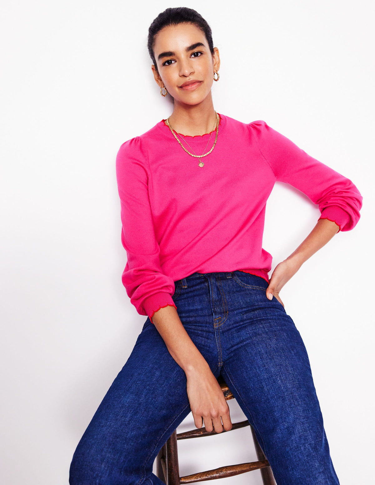 Pru Scallop Trim Jumper-Pink Peony - Image 1