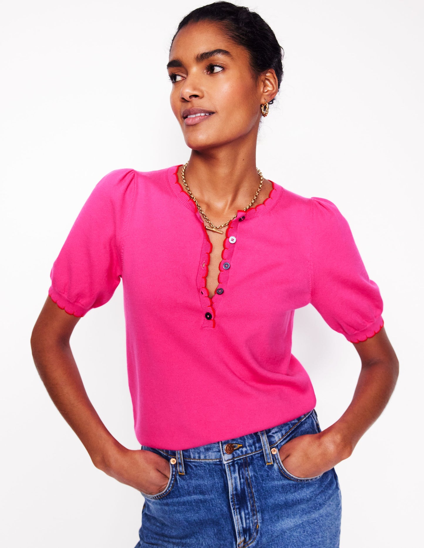 Pru Scallop Trim T-shirt-Pink Peony