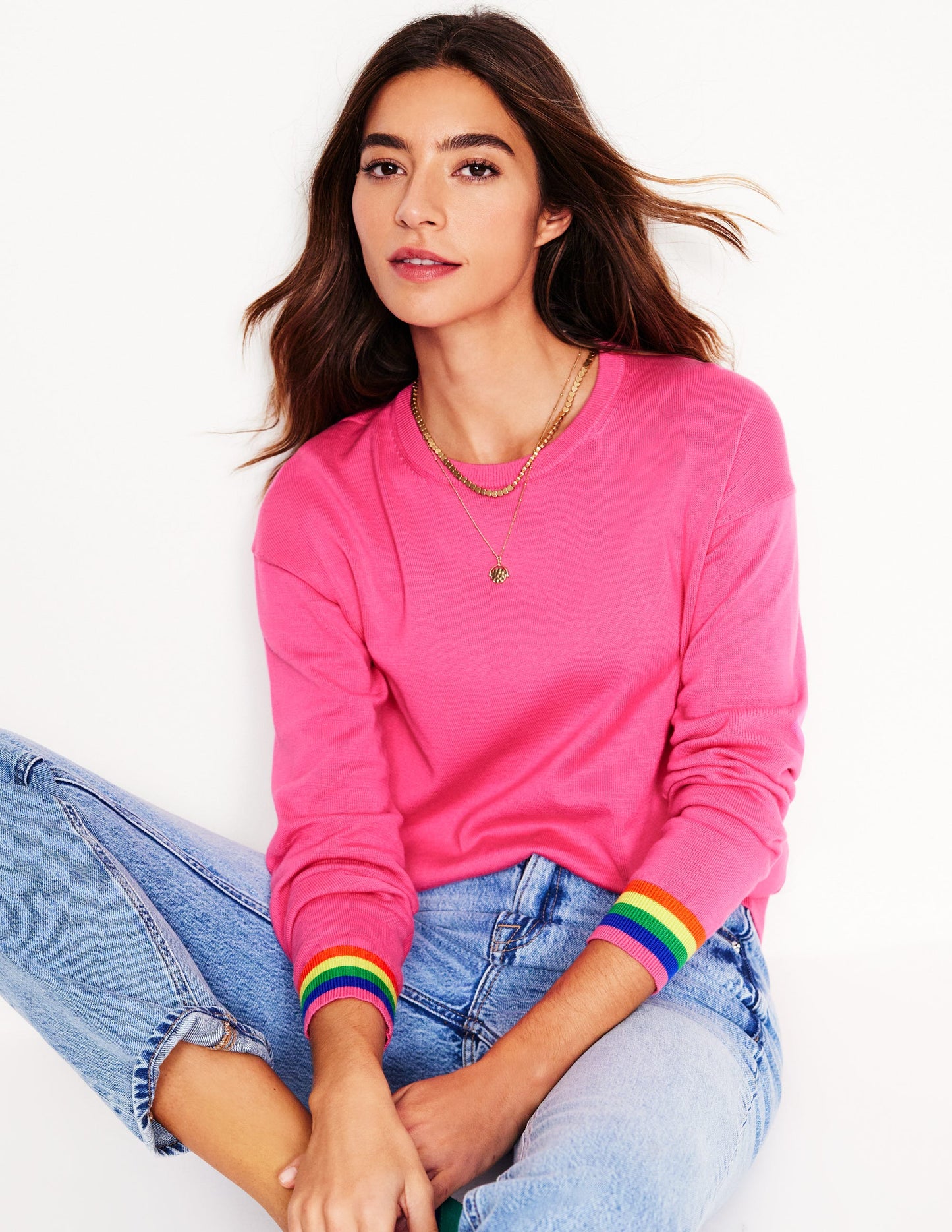 Lara Relaxed Cotton Jumper-Sorbet Pink, Rainbow