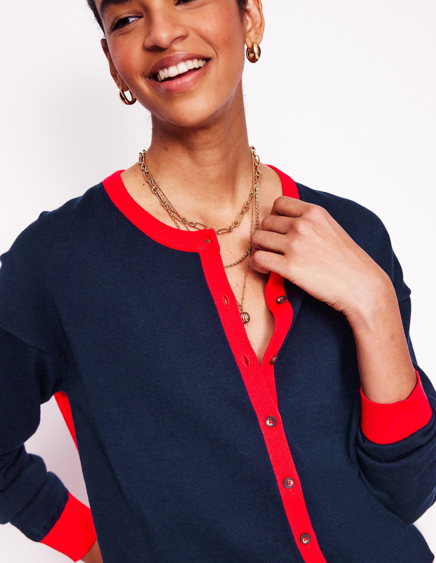 Lara Relaxed Cotton Cardigan -Navy, Poppy Red