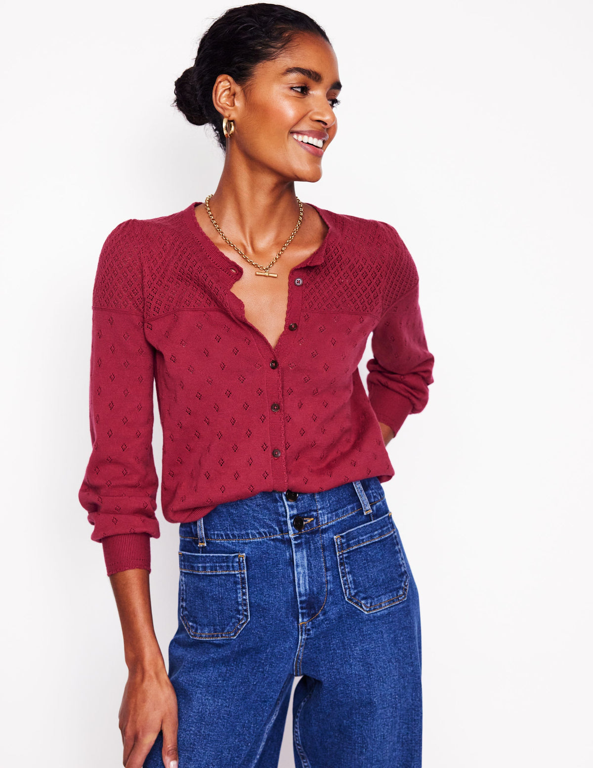 Rosalie Pointelle Cardigan-Terracotta Red - Image 1