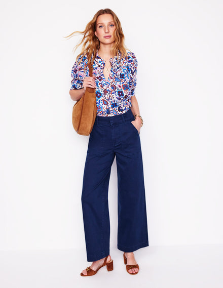 Wide Leg Cargo Trousers-Navy