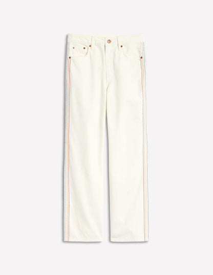 High Rise Straight Crop Jeans-Off White w/ Embroidery