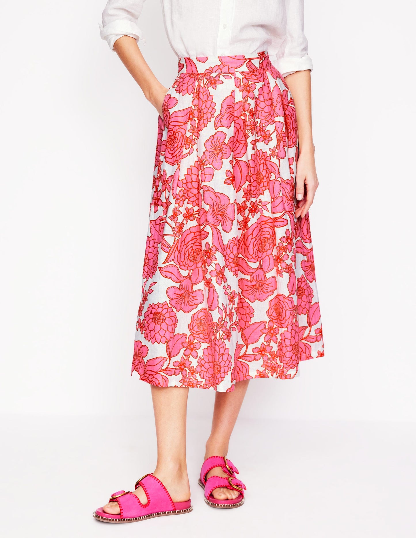 Verity Linen Midi Skirt-Pink, Blossom Cascade