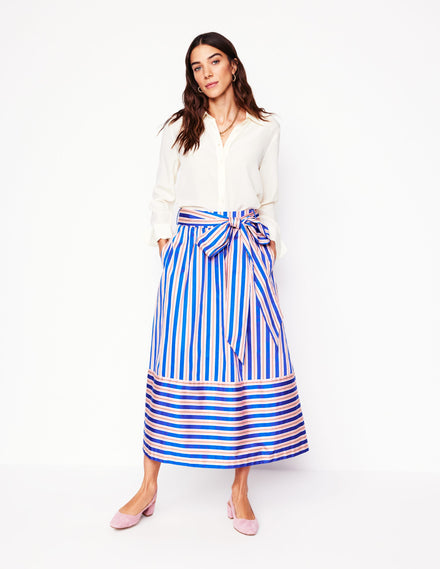 Tie Belt Sateen Midi Skirt-Blue and Terracotta Stripe