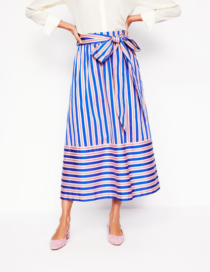 Tie Belt Sateen Midi Skirt-Blue and Terracotta Stripe