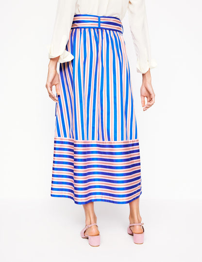 Tie Belt Sateen Midi Skirt-Blue and Terracotta Stripe