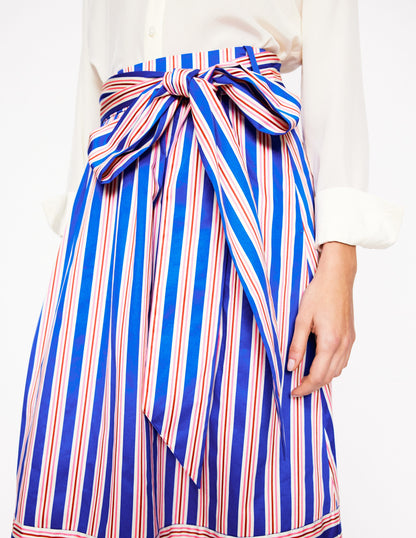 Tie Belt Sateen Midi Skirt-Blue and Terracotta Stripe