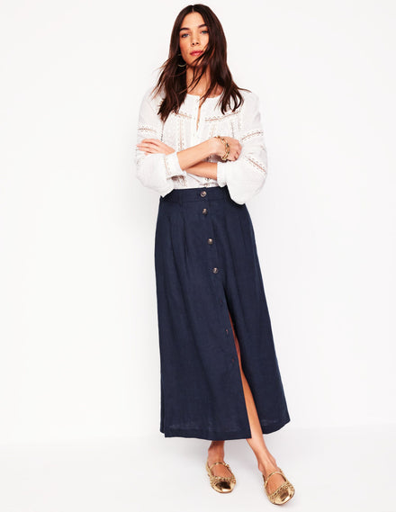 Thomasina Linen Midi Skirt-Navy