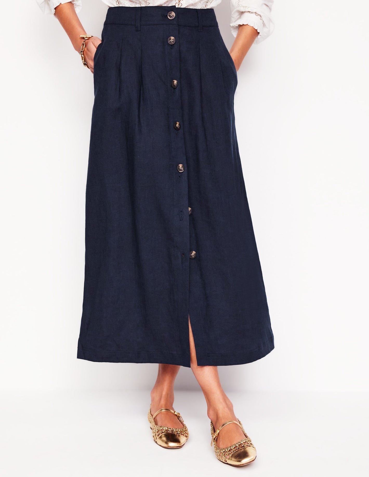 Thomasina Linen Midi Skirt-Navy