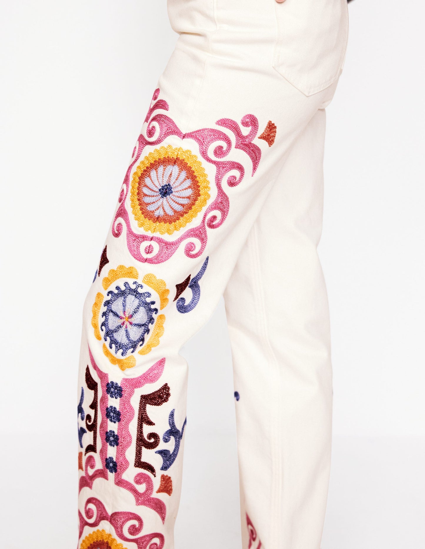 High Rise Embroidered Jeans-White Embroidery