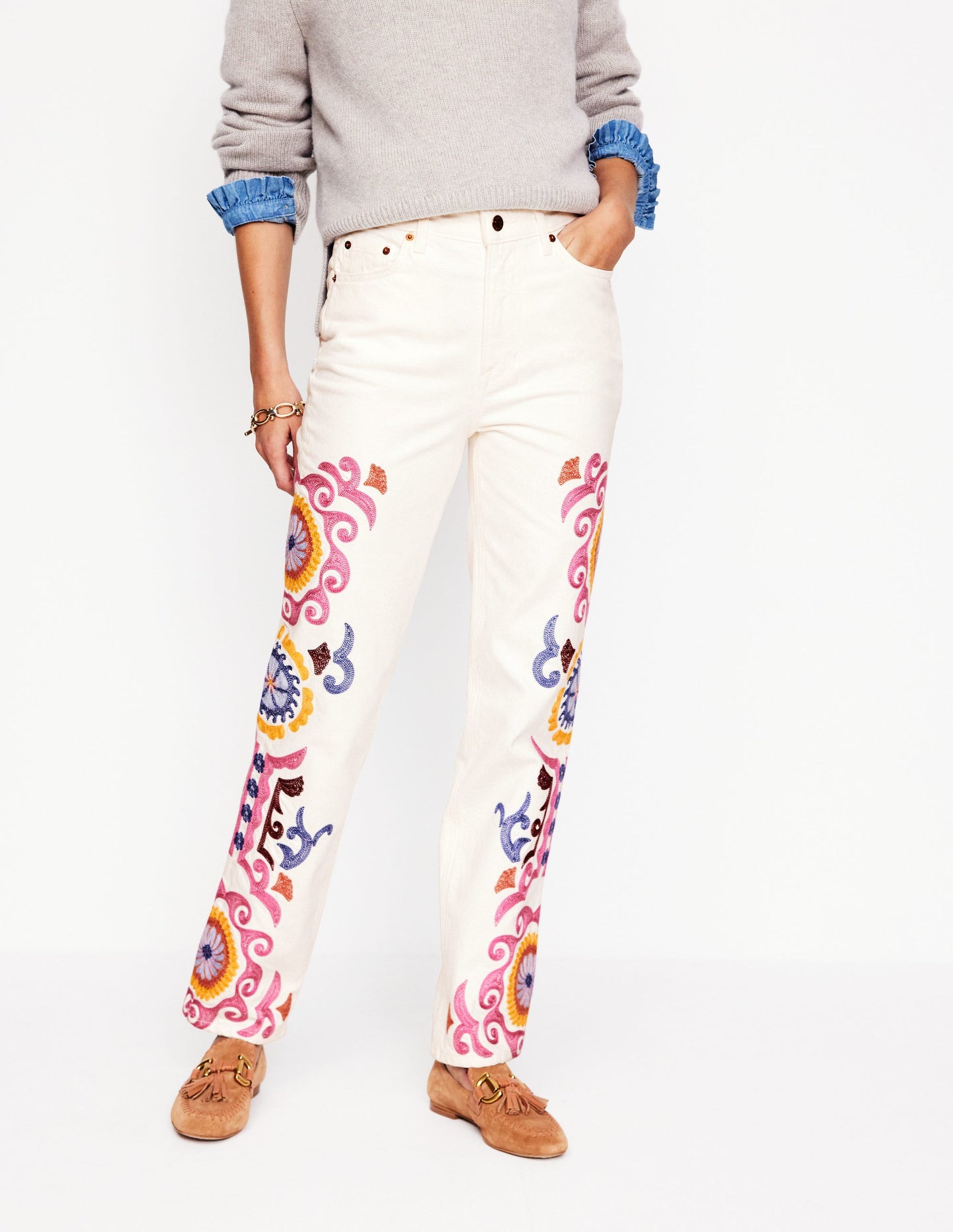 High Rise Embroidered Jeans-White Embroidery