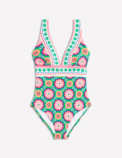 Porto V-Neck Swimsuit-Multi, Flower Tile