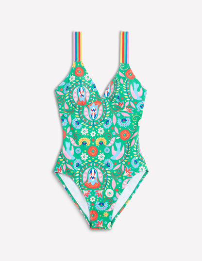 Multicolour Strap Swimsuit-Green, Decorative Garden