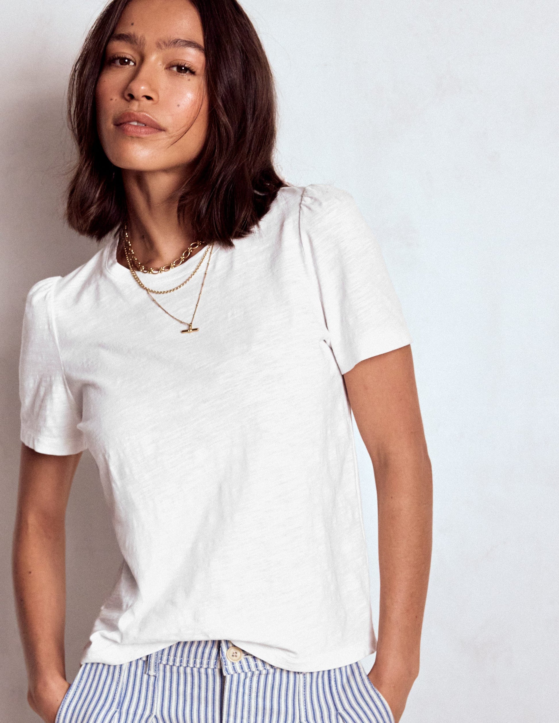 Cotton Puff Sleeve T-Shirt-White-4